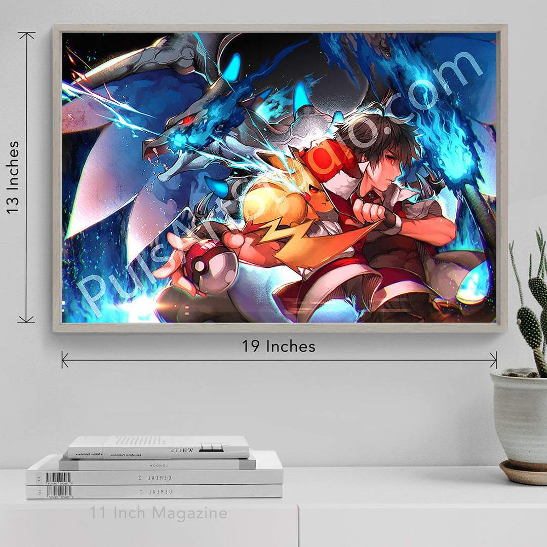 Large Trainer Red & Mega Charizard Poster from Pokemon, art by